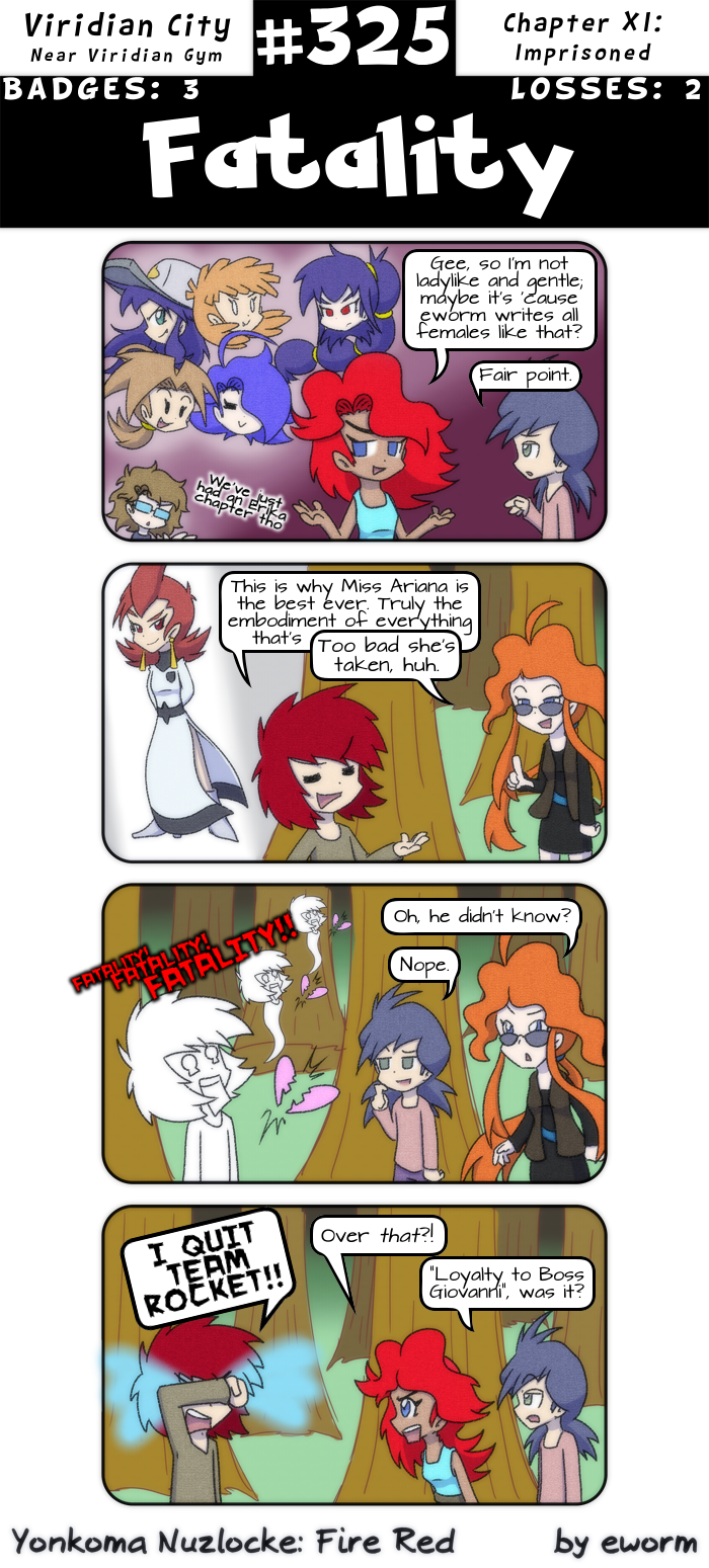 Do you get the callback? Back when we first met Copycat, she talked about "being killed three times" (strip #174) and now we have Petrel, the female version of Copycat (kinda), killing Harry three times.