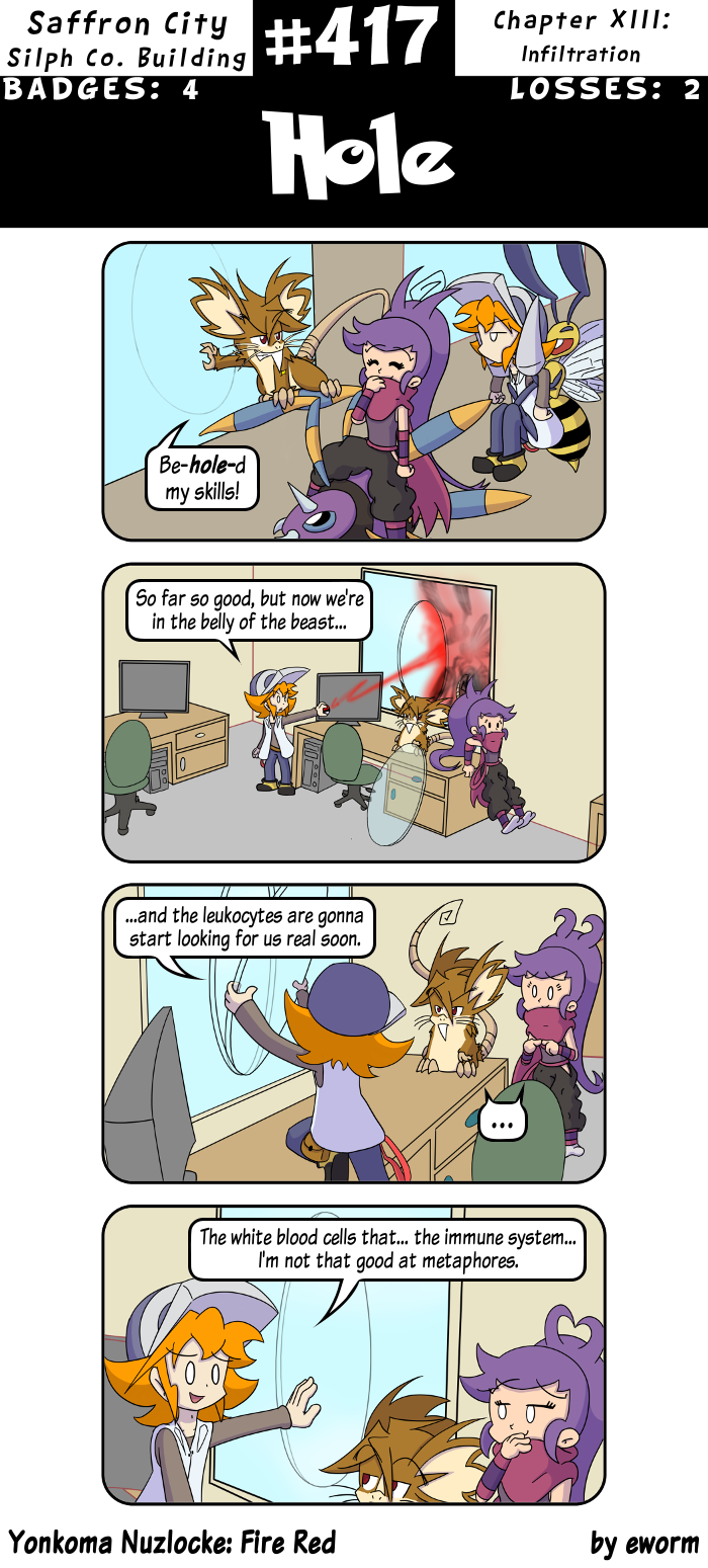 Including the cover, we have now seen four different Bug/Poison Pokémon this chapter. And now that I've realized this, I'm probably going to add more.